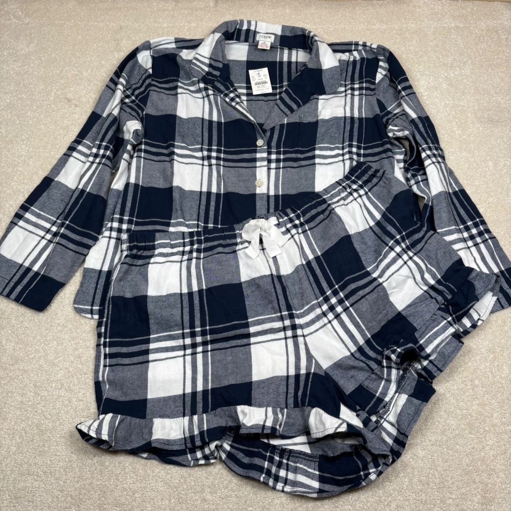 J.Crew Womens XL Blue White Plaid Pajama Set LS Top Ruffle Shorts NWT‎ MSRP 98
